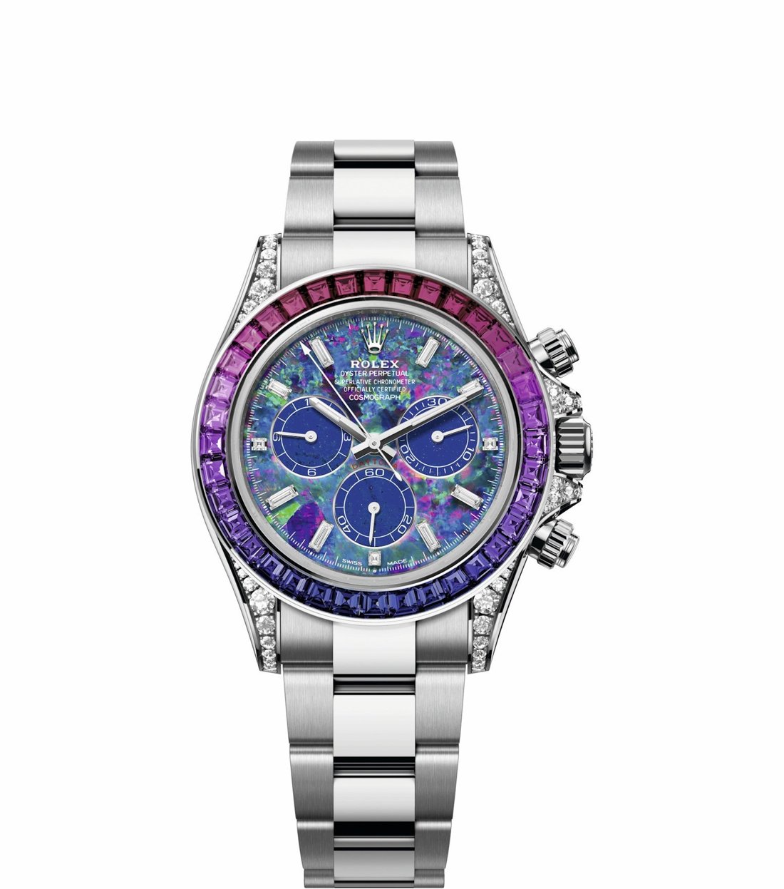 The Rolex Cosmograph Daytona Winter, reference 126596 SABV, in 950 platinum with an iridescent blue opal dial, lapis lazuli counters and a blue-to-fuchsia sapphire bezel on an Oyster bracelet