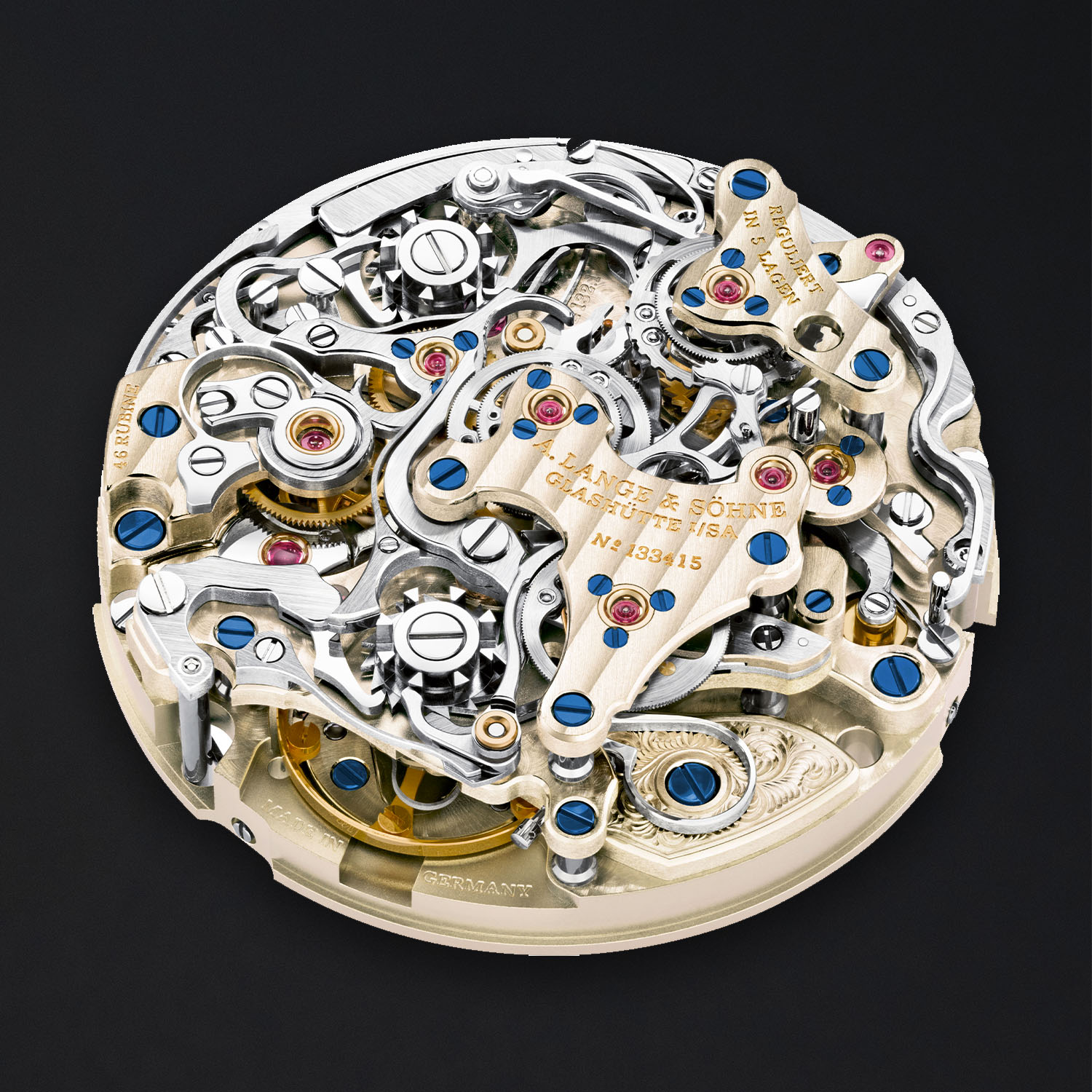 The hand-wound Calibre L132.1 through the sapphire caseback, its untreated German silver bridges with Glashutte ribbing, blued screws, gold chatons, hand-engraved balance cock and the engraving A. Lange and Sohne Glashutte No 133415