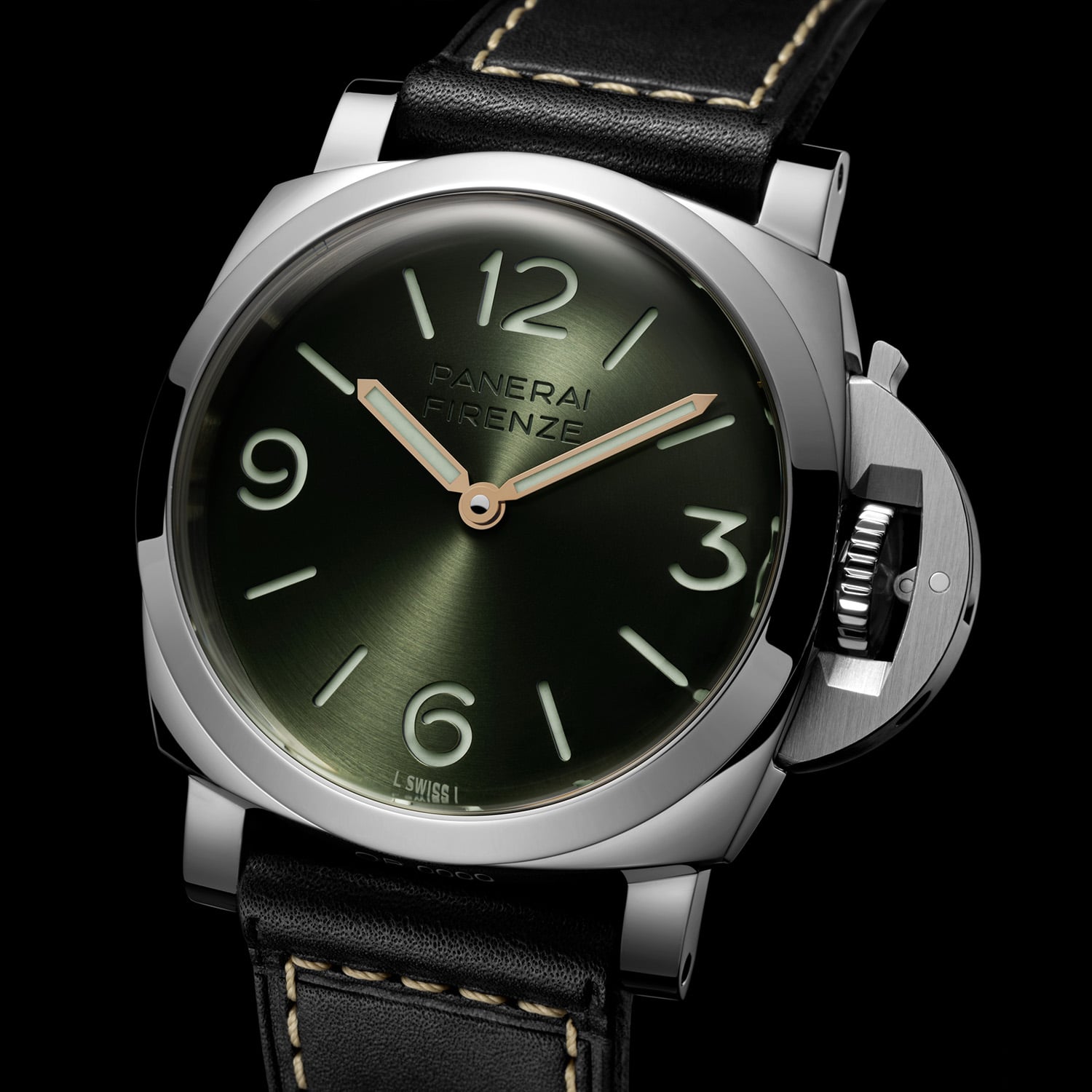 The Platinumtech PAM01734 at an angle, a green sandwich dial with gold-effect hands and Panerai Firenze text, in a 44mm platinum-alloy Luminor case on a black leather strap