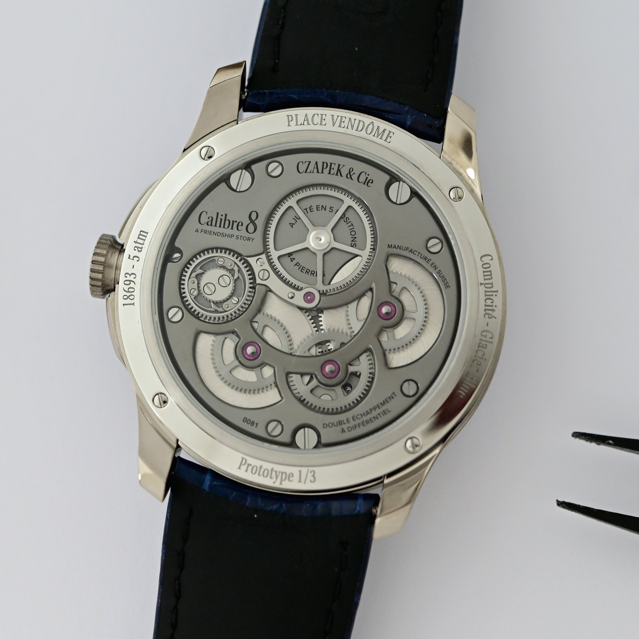 The caseback engraved Place Vendôme and Czapek & Cie, with the 44-jewel Calibre 8 and its double escapement with differential visible under sapphire