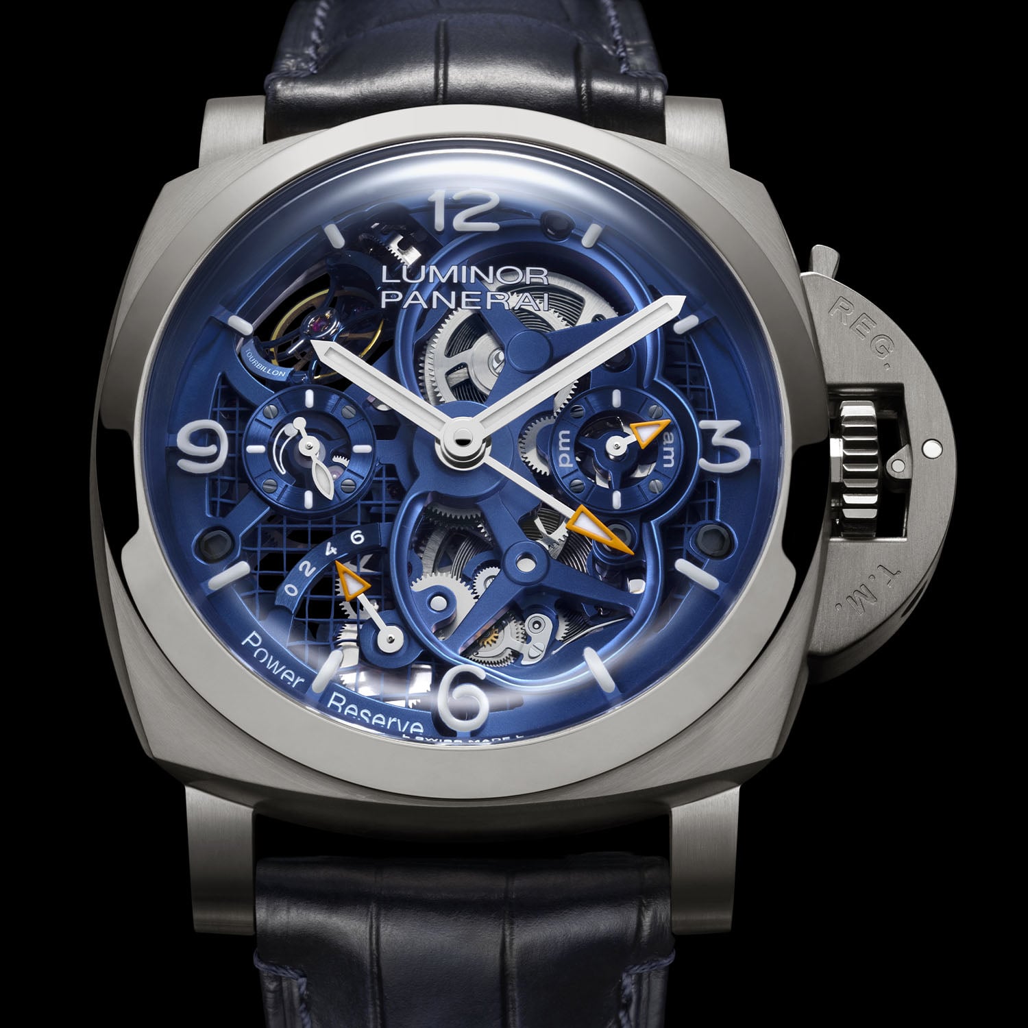 A straight-on macro of the PAM01784 dial, the openworked tourbillon at lower left, the power-reserve scale at 6 o'clock and LUMINOR PANERAI printed across the blue bridge