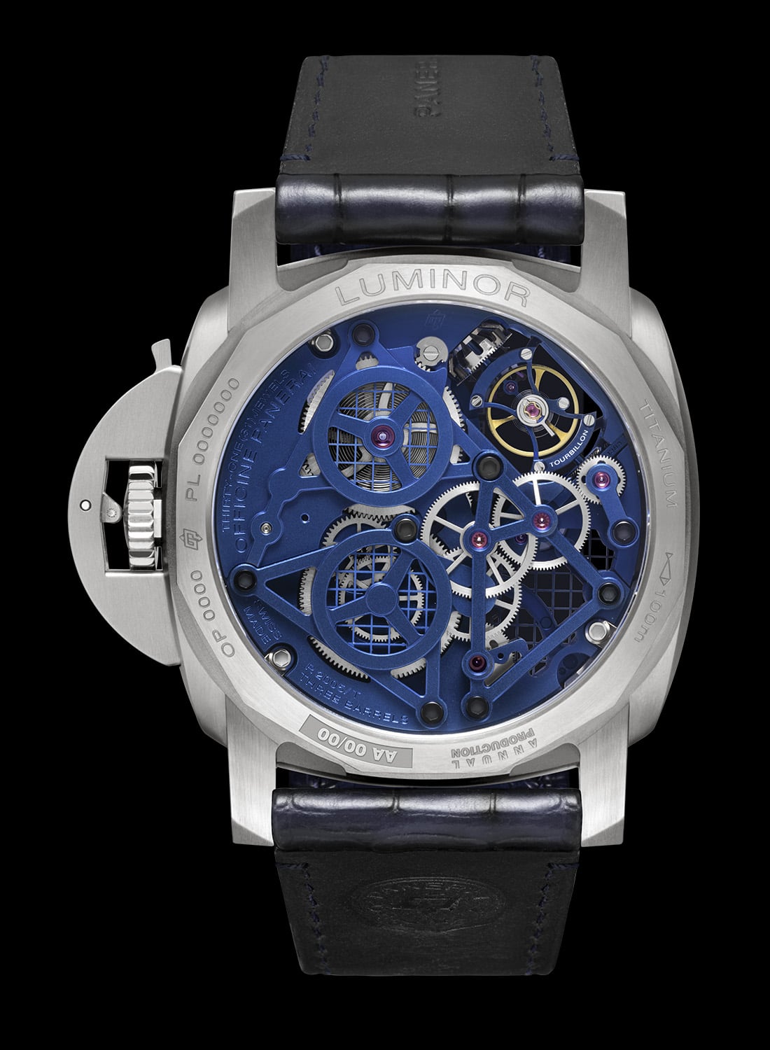 The display caseback of the PAM01784 engraved TOURBILLON, TITANIUM and 100m, showing the blue-finished P.2005/T movement and its three barrels